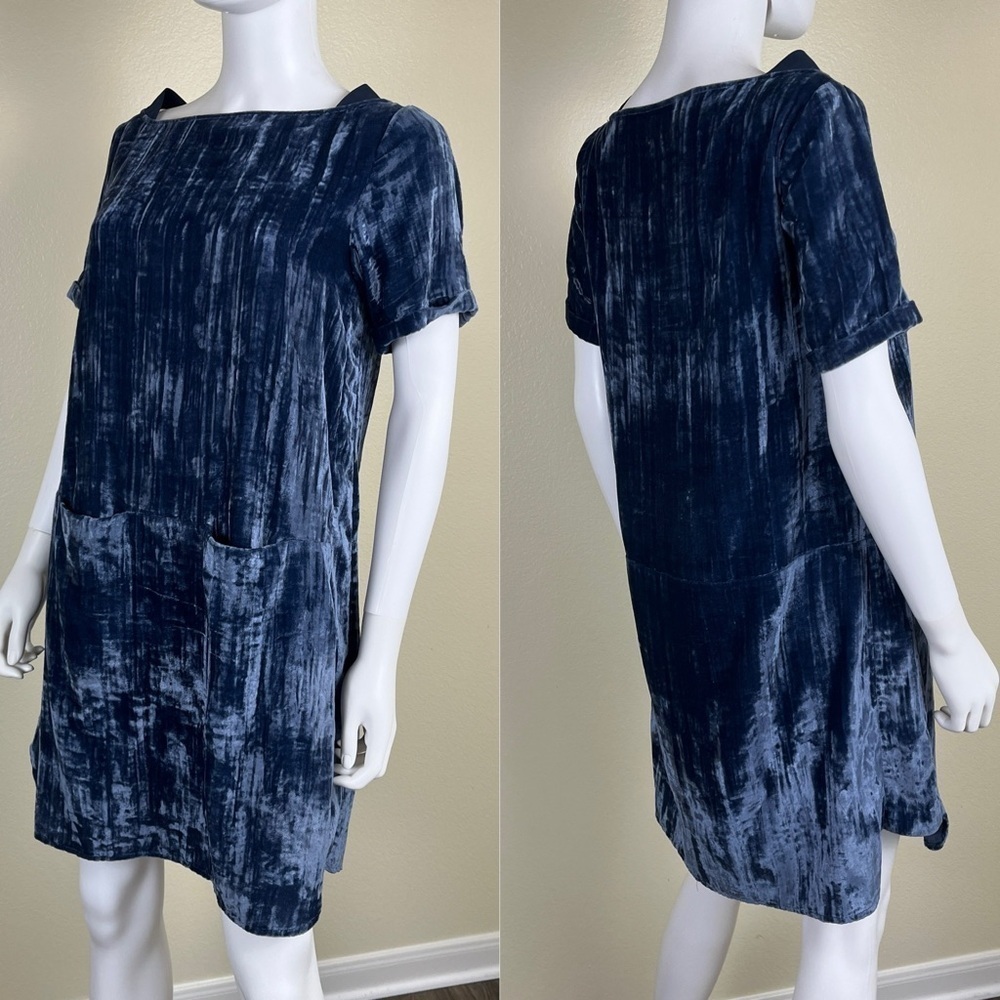Floreat Women’s Size XS Blue Crushed Velvet Pullover Shift Mini Dress Pockets